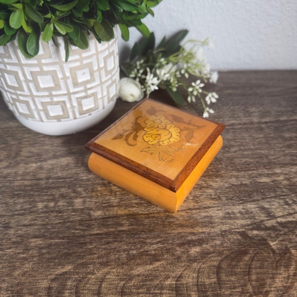 Vintage Wood Trinket Box Floral Inlay Velvet Lined Mini Jewelry Box 3in Square